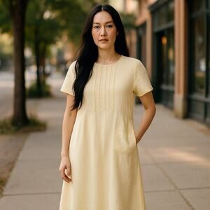 Chalet 100% Linen Pintuck Short Sleeve Midi Shift Dress Small Butter Yellow